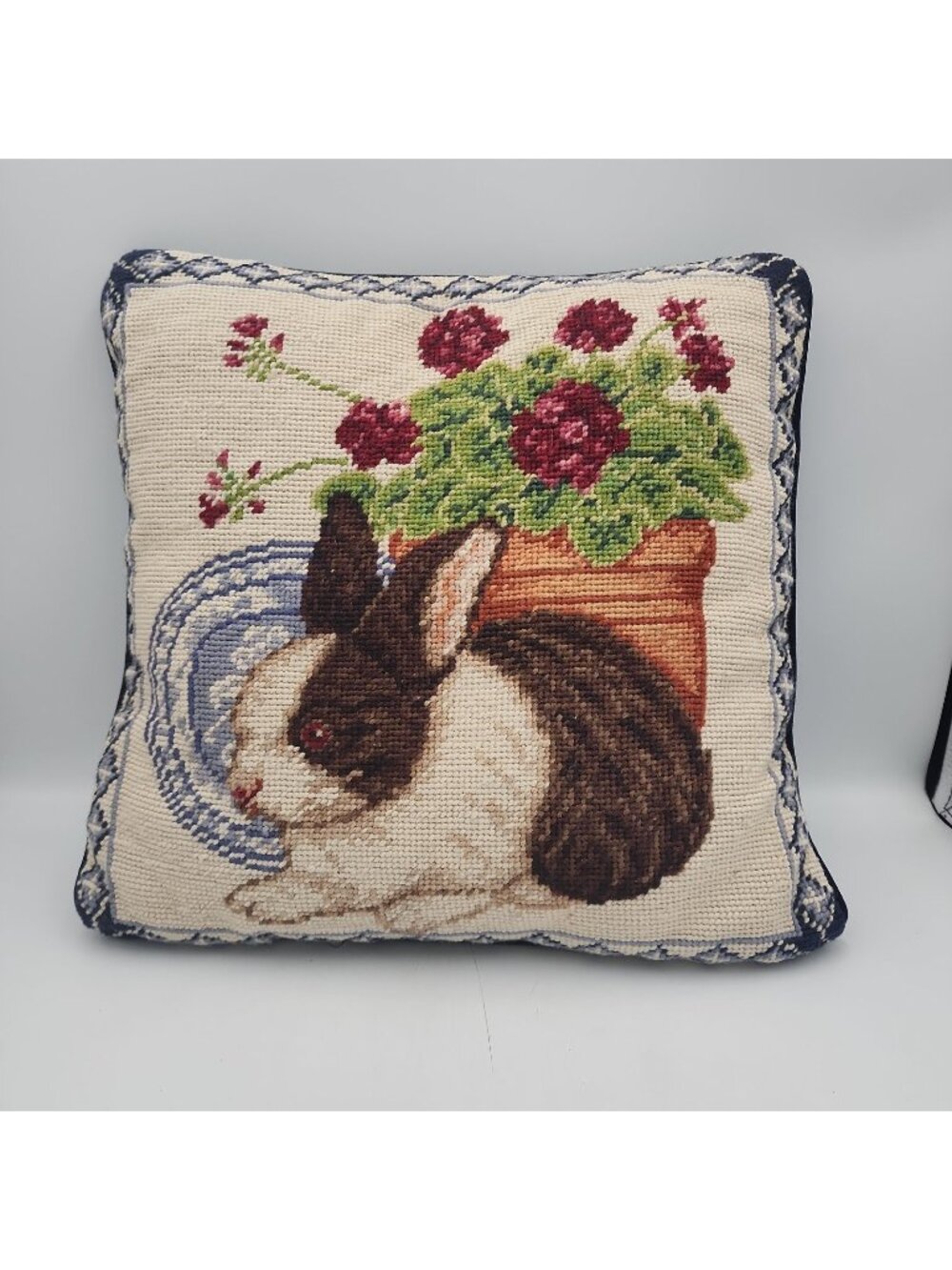 Vintage Needlepoint Rabbit Pillow Blue Velvet Back 13x13"